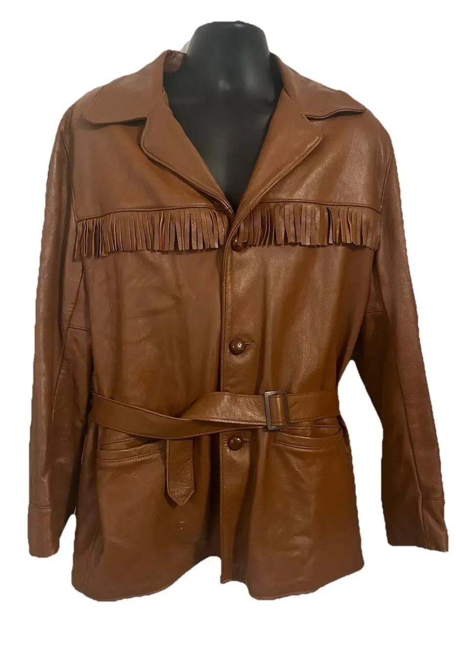 VTG 70s Deerskin Leather Jacket Fringe Western Belted Dagger Rock Brown L/XL 46